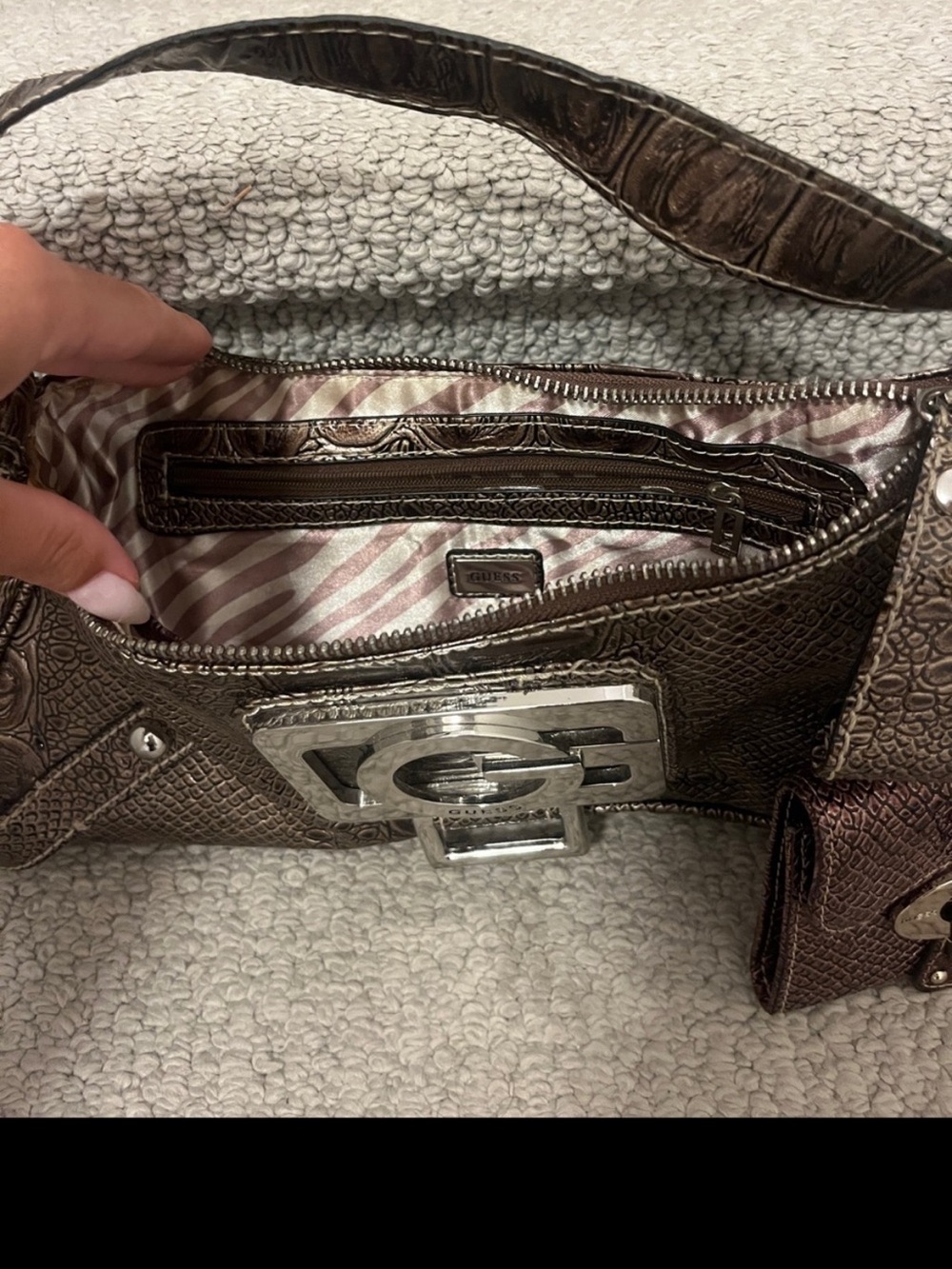 GUESS Brown Croc-Embossed Shoulder Bag with Burgundy Wallet - Picture 2 of 2